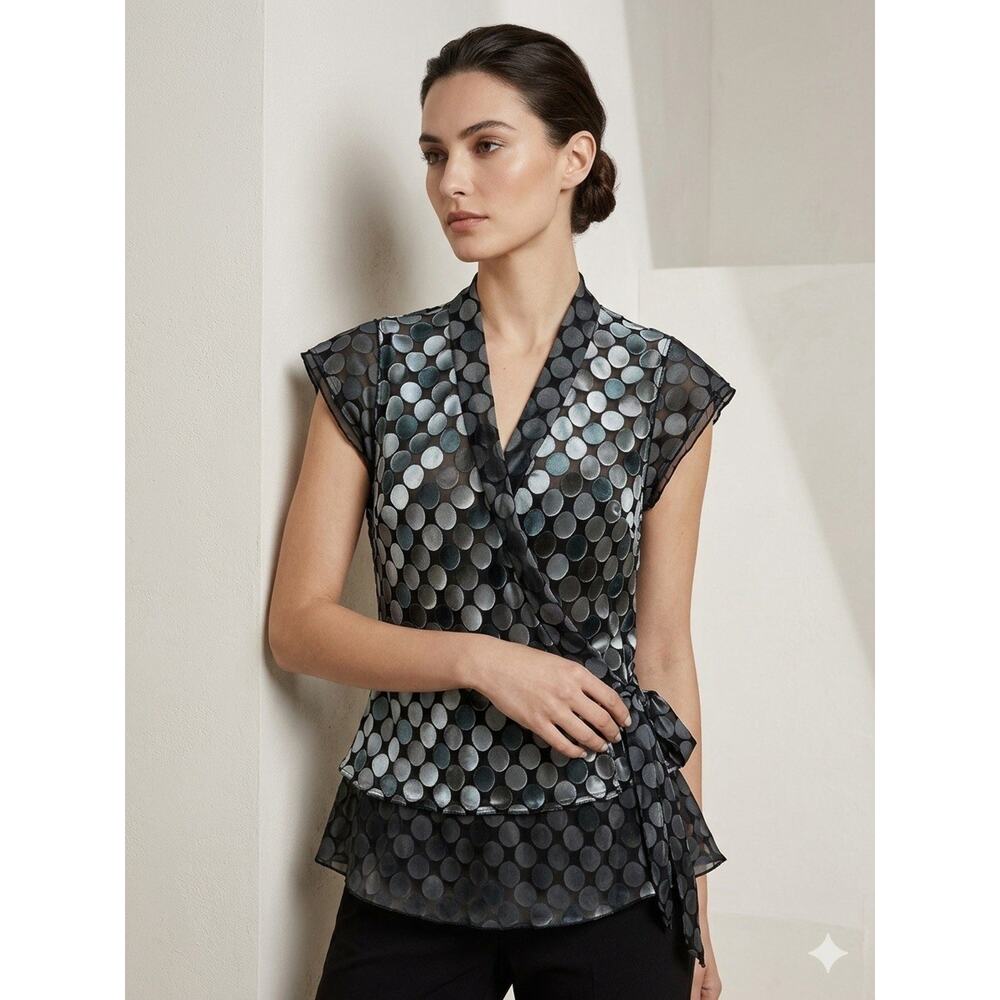 BCBGMAXAZRIA Silk Blend Polka Dot Sheer Blouse Tie Waist XS Retro Preppy Classic